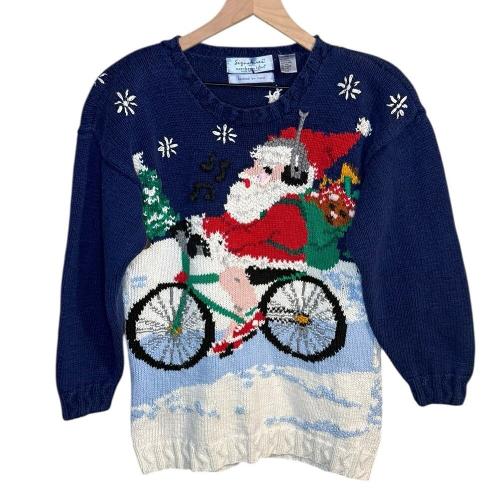 Signature By Northern Isles Sz M Santa Riding Bicycle Hand Knitted Heavy Sweater
